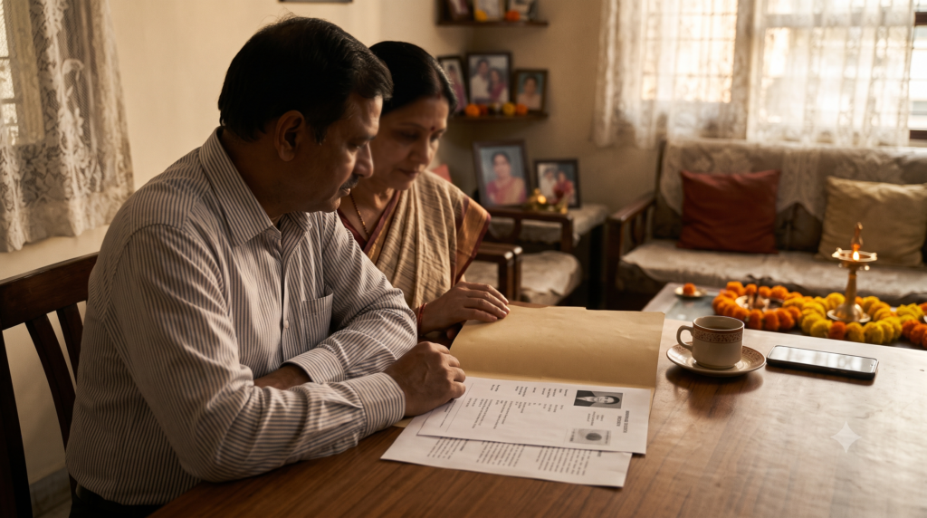 Indian parents in a Delhi home reviewing a groom's marriage biodata before an engagement