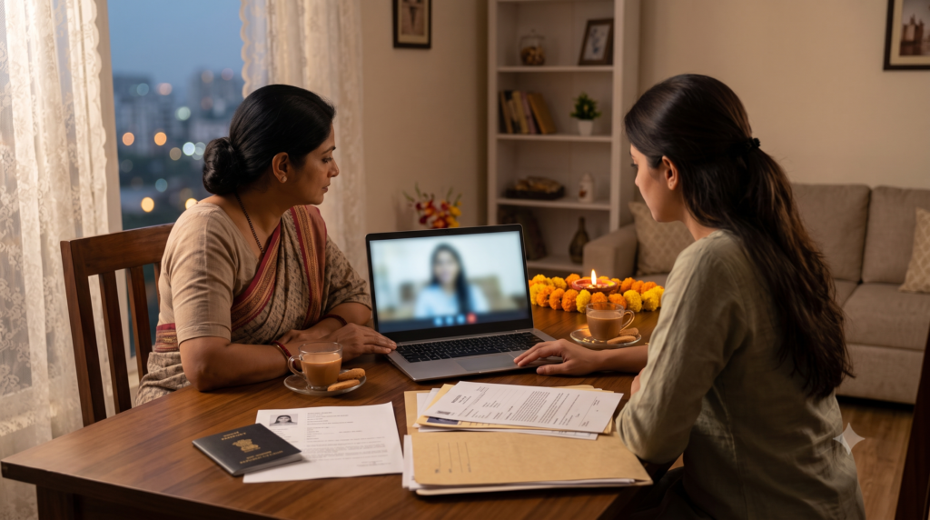 Indian family in Delhi on a video call with an overseas groom, reviewing documents before marriage
