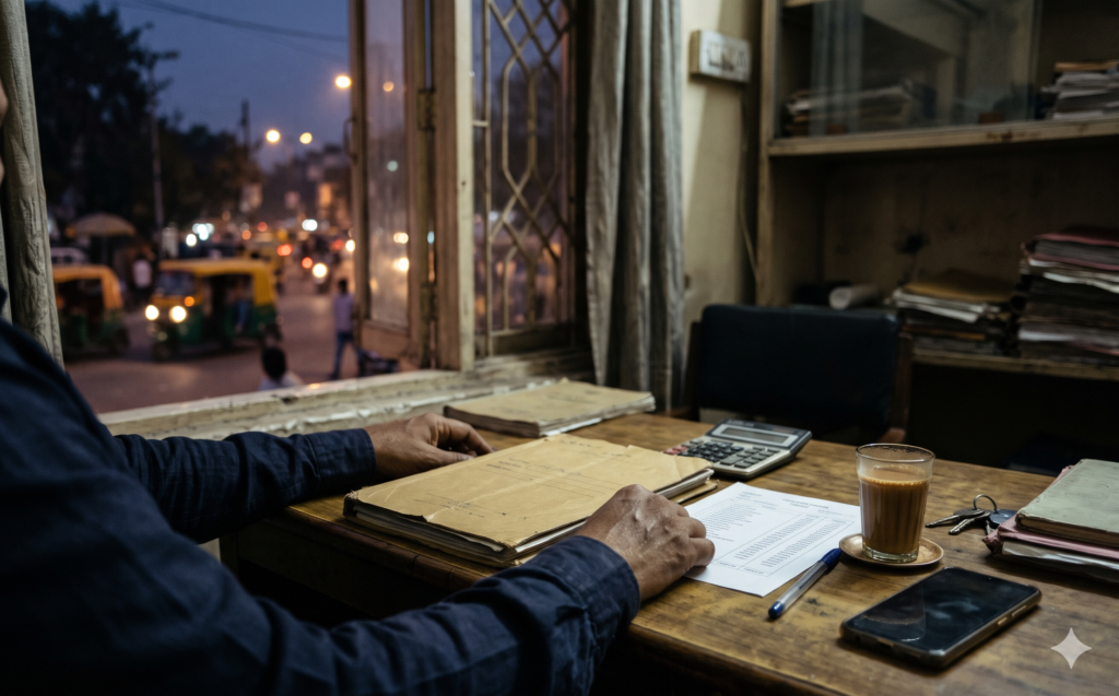 Investigator's desk in Delhi with a case file, calculator and fee quotation for a private detective case