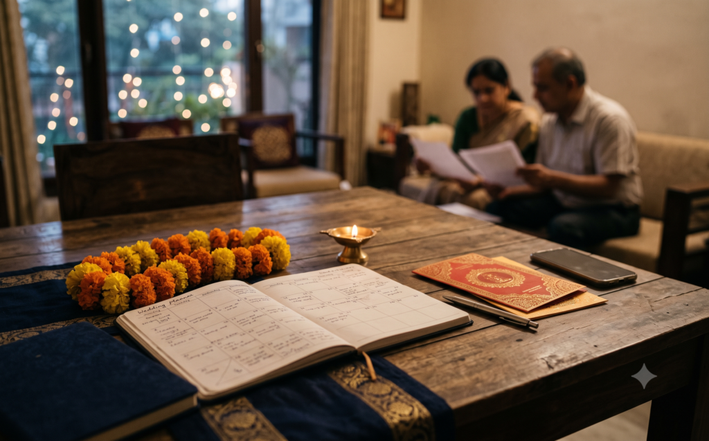 Wedding planner calendar with marigolds and diya, showing when to do a pre-marriage investigation before the roka